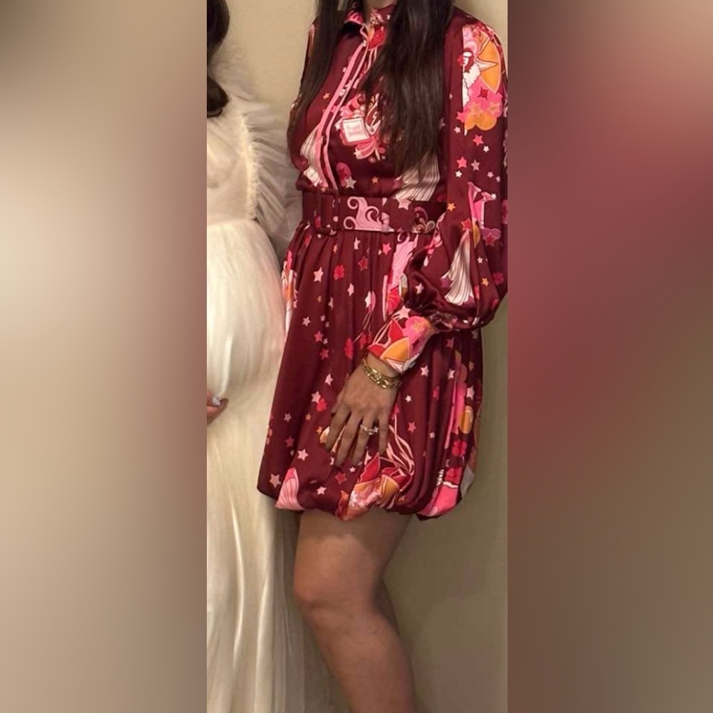 Look like Zimmermann Pink and Gold Sequin Wrap Dress with Bishop Sleeves